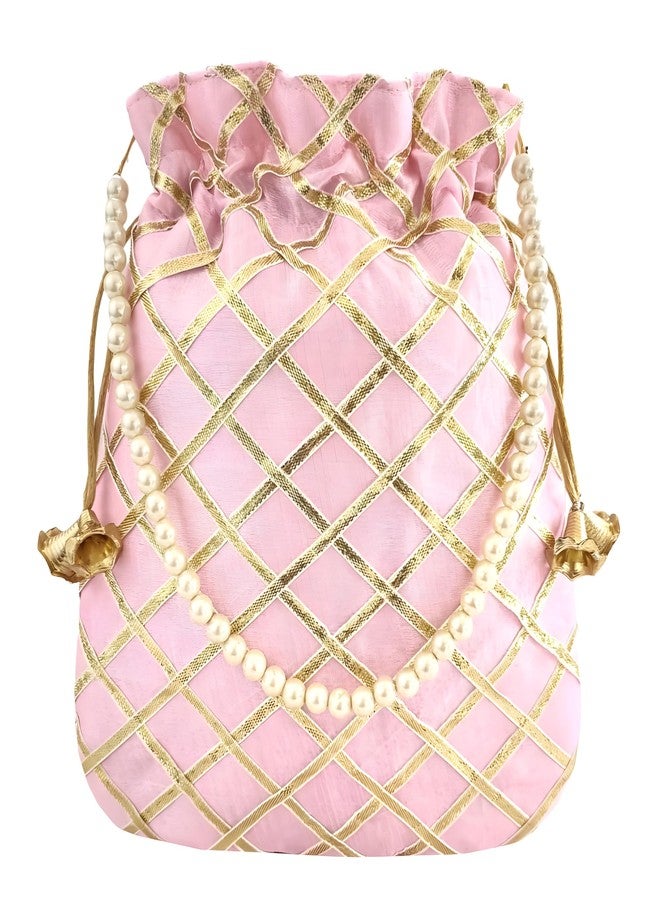 داتشيس حقيبة يد نسائية من دوقة، مزينة بتطريز غوتا باتي باللون الوردي، مع مقبض من اللؤلؤ (عبوة من 5 قطع) - Image 2